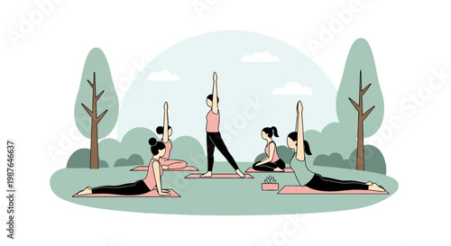 Group of Women Practicing Yoga in an Outdoor Park Vector Illustration