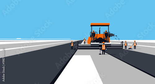 Minimalist Flat Design Illustration of Road Construction Crew and Asphalt Paver Machine Paving a New Highway