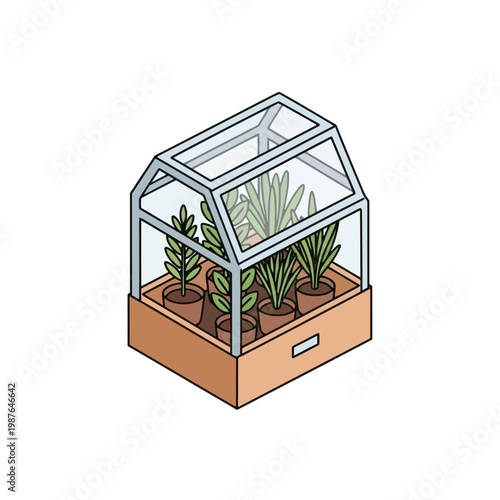 Isometric Miniature Greenhouse with Potted Plants Vector Illustration