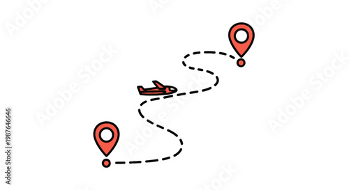 Airplane following a dashed flight path between location markers