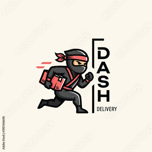 Cartoon Ninja Mascot Running Fast with Delivery Package Logo Design.