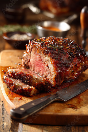 Suculento filé mignon, assado e fatiado sobre uma tábua de corte em madeira	