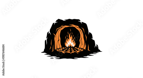 Campfire Glowing Inside a Dark Stone Cave Vector Illustration