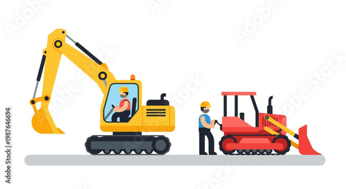 Construction Heavy Machinery Vector Illustration Featuring Yellow Excavator and Red Bulldozer with Workers