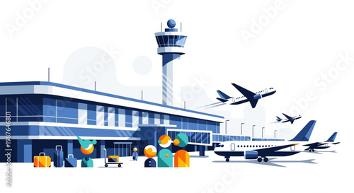 Modern Flat Vector Illustration of a Busy Airport Terminal with Airplanes, Control Tower, and Passengers