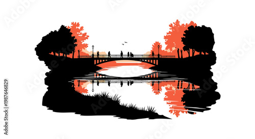 Sunset Park Landscape with People on Bridge Vector Illustration