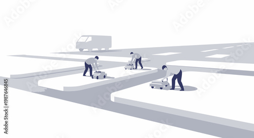 Smart City Urban Planning Illustration: Workers Developing Digital Infrastructure, Logistics, and E-commerce Map Networks