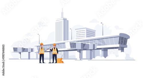 Two construction workers in high-visibility vests and hard hats surveying an urban infrastructure project with a modern cityscape background, flat vector illustration
