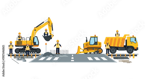 Road Construction Site Illustration with Heavy Machinery, Excavator, Bulldozer, Dump Truck and Workers. Civil Engineering Flat Vector Design Isolated on White Background.
