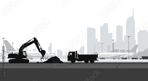Airport Infrastructure Construction Silhouette with Excavator, Dump Truck, and Airplanes against a Modern City Skyline