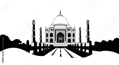 Taj Mahal India Landmark Vector Illustration Black and White