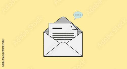 A white envelope with a letter and a speech bubble on a yellow background.