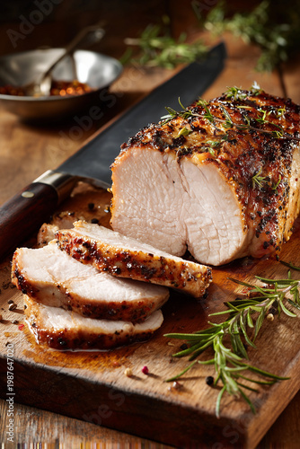 Churrasco brasileiro, belo pedaço de pernil suino,  assado e fatiado