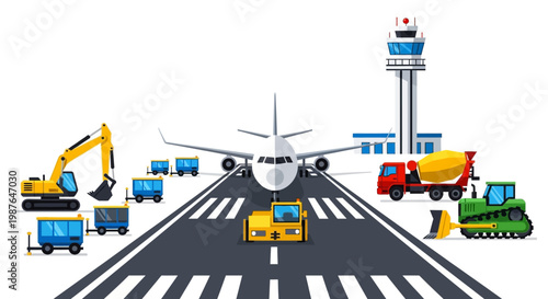 Flat Vector Illustration of Airport Runway Construction and Maintenance with Airplane, Air Traffic Control Tower, Excavator, and Service Vehicles