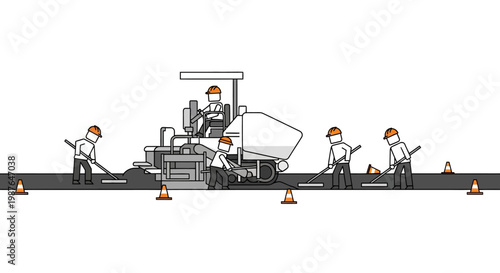 Construction Workers and Asphalt Paver Machine Building a New Road, Vector Illustration of Infrastructure Maintenance and Paving Process
