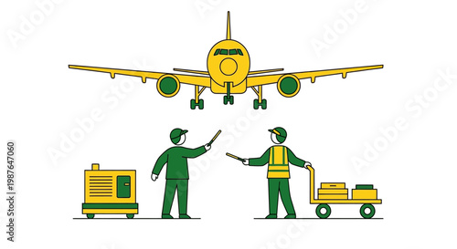 Flat Vector Illustration of Airport Ground Crew Marshalling a Yellow Airplane with Baggage Handling and Ground Support Equipment