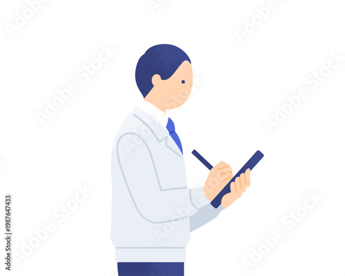 タブレットで記録を取る作業服姿の男性 ペンを持って確認作業をする作業員の横顔