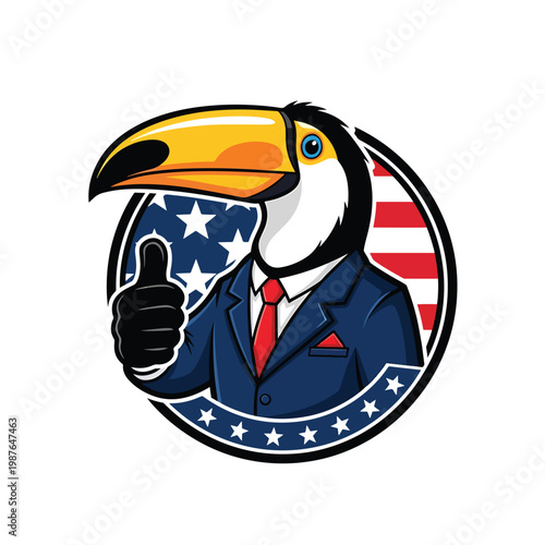 Cartoon toucan character in a formal suit giving a thumbs up gesture.
