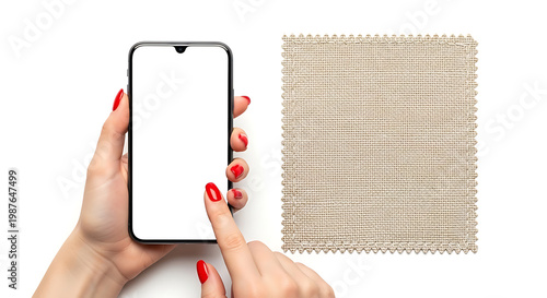 Woman hands holding and touching empty smartphone screen with linen fabric sample