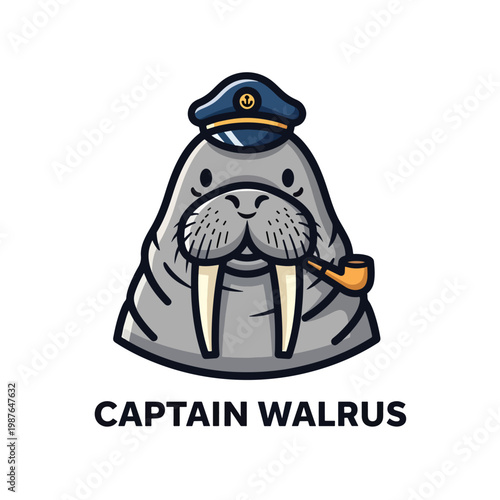 Cute Captain Walrus Mascot Illustration with Sailor Hat and Pipe.