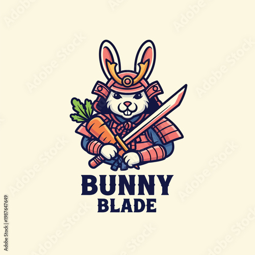 Cute Bunny Samurai Warrior Holding a Carrot Sword Mascot Logo Design.