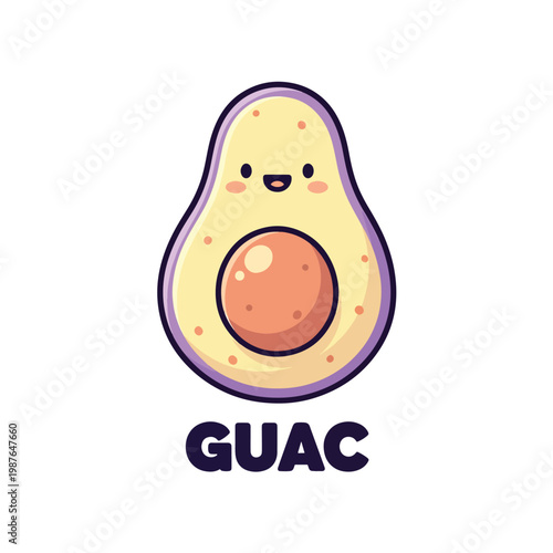 Cute cartoon avocado character with happy face and Guac text.