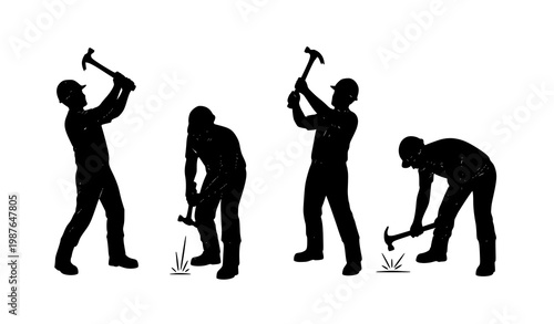 Construction worker vector silhouette set in hammer poses for industrial and repair themes