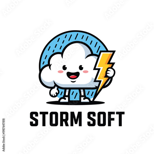 Cute Cartoon Cloud Mascot Holding a Lightning Bolt Character Logo.