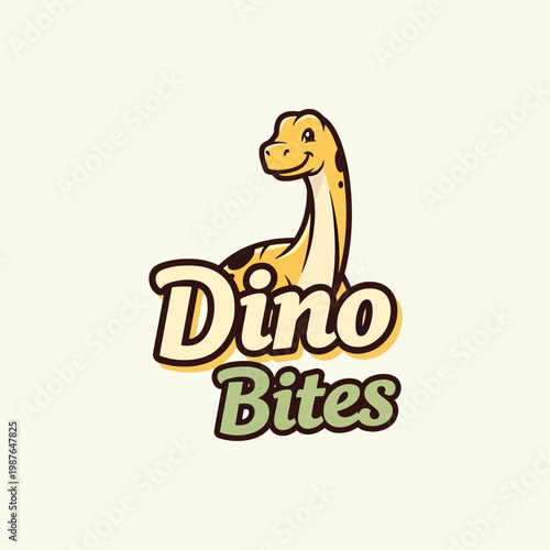 Cute cartoon dinosaur logo for Dino Bites snack brand.