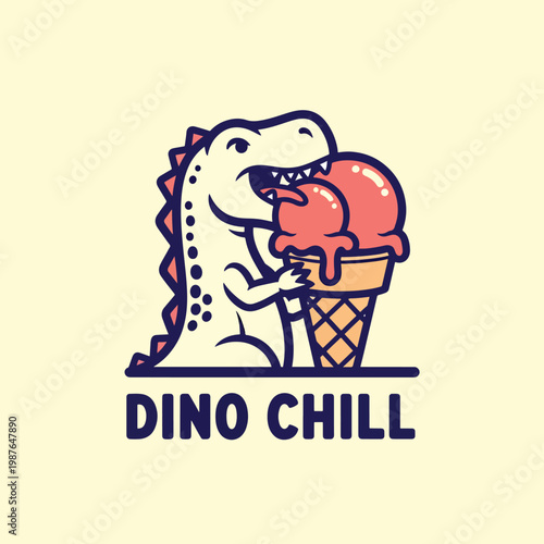 Cute cartoon dinosaur eating a large ice cream cone logo design.