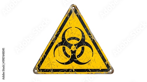 Weathered triangular biohazard warning sign with black symbol and border on yellow background, showing heavy scratches, rust, and signs of age, isolated on white background.