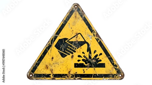 Vintage triangular yellow warning sign for corrosive substances featuring a black icon of a hand pouring liquid onto a surface, heavily weathered with rust on a white background.