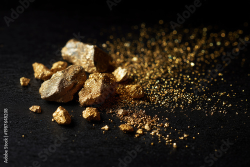 Ouro em pepita e em pó sobre fundo preto