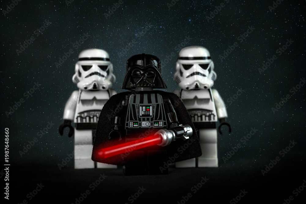 Fototapeta premium Lego Star Wars Storm Troopers and Darth Vader. Illustrative editorial