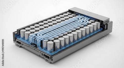 An intricate interior view of an electric vehicle battery pack featuring liquid cooling systems now.