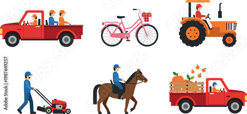 Set of Agricultural and Transportation Vehicles with Workers for Farming, Outdoor Activities, and Rural Life IllustrationsSet of Agricultural and Transportation Vehicles with Workers for 