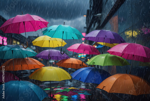 Vibrant Colorful Umbrellas Floating Above Wet City Street During a Rainy Night with Reflective Surfaces