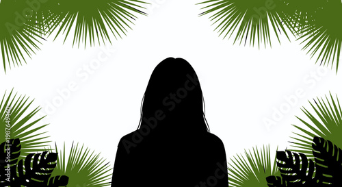 Silhouette of a woman with tropical palm leaves and monstera vector