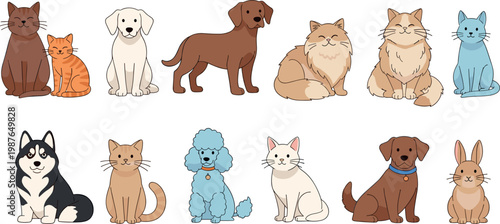 Cute Animal Cartoon Set with Cats, Dogs, Rabbits, and Other Pets in Flat Design Style for Kids, Pet Lovers, and IllustrationsCute Animal Cartoon Set with Cats, Dogs, Rabbits, and Other Pes