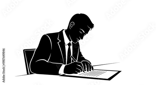 Businessman in suit signing contract document vector illustration