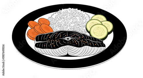 Vector Illustration of Grilled Fish Meal with Rice and Veggies