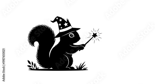 Squirrel Wizard Silhouette Holding Magic Wand Vector Illustration