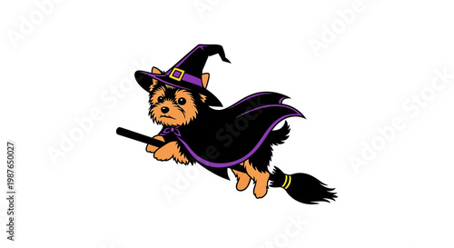 Cute Yorkie Witch Flying on a Broomstick Vector Illustration