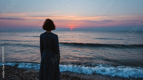Woman, ocean, Woman standing by the ocean at sunset, reflecting on life, in a serene beach setting, perfect for travel marketing and social media content, contemplative, reflective, serene