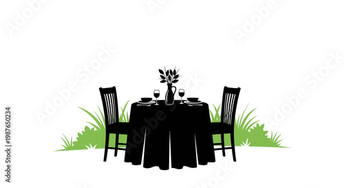 Romantic Garden Dinner Silhouette Vector Illustration