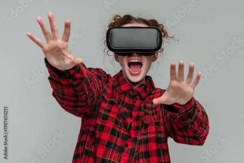Person, virtual reality headset, Young person wearing a virtual reality headset, experiencing excitement and interaction indoors in a casual style, frontal, dynamic, red, black, fabric, plastic, exp