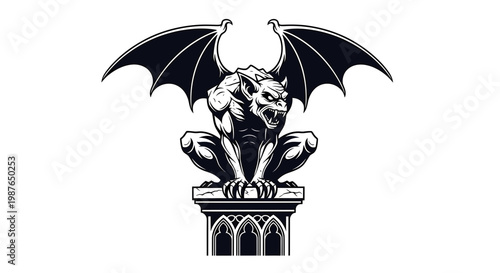 Gargoyle Statue Vector Illustration on Gothic Pedestal