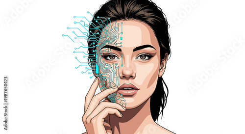 Futuristic Woman with Digital Circuit Board Face Illustration