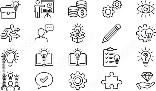 Black and white business and innovation line icons representing teamwork, creativity, productivity, problem‑solving, leadership, and success in modern corporate and professional contexts illustration