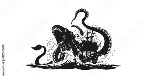 Kraken Sea Monster Attacking a Sailing Ship Vector Illustration